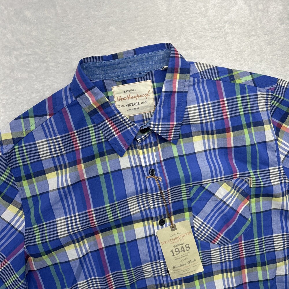 Weatherproof Vintage Short Sleeve Weather Wash Shirt Men M Blue Plaid NWT $55